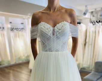 Hochzeitskleid, Brautkleid, Boho Brautkleid, Tüll Brautkleid, Brautkleid aus Spitze, Elfenbein Brautkleid, hellenistisches Brautkleid, trägerlos