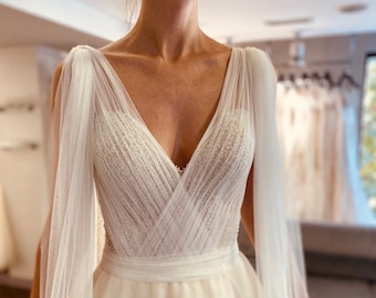 Hochzeitskleid, Hochzeitskleid, Brautkleid, Boho Brautkleid, Tüll Brautkleid, Spitzen Brautkleid, Elfenbein Brautkleid, hellenistisches Brautkleid