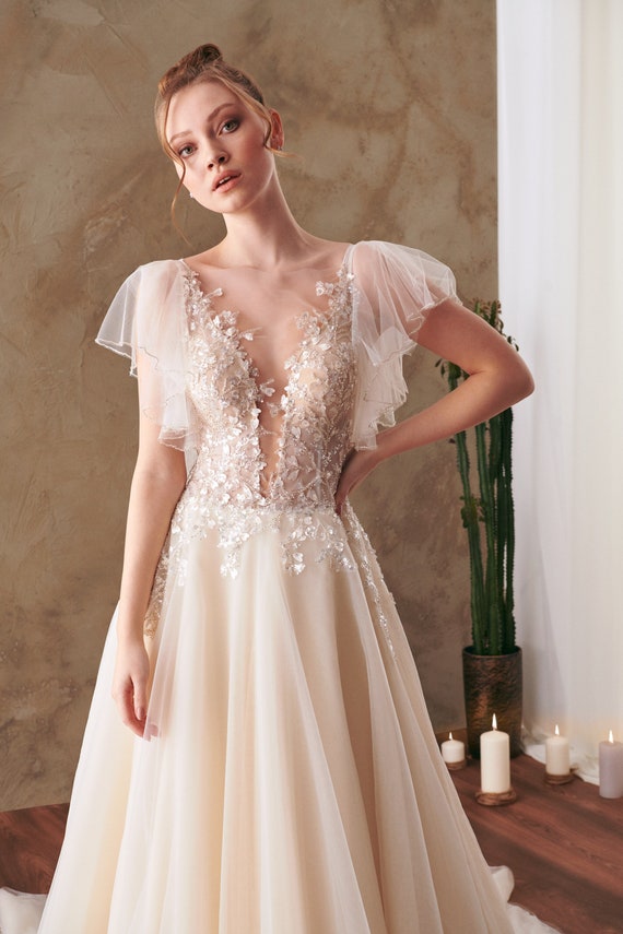 Wedding Gown,Wedding Dress, Bridal Gown,Boho Bridal Gown, Tulle Wedding Gown, Lace Bridal Gown,Ivory Bridal Gown, Hellenistic Bridal Gown