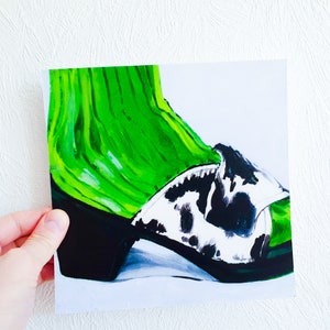 Stampa di moda scarpa verde su carta, stampa verde vibrante, scarpa aperta