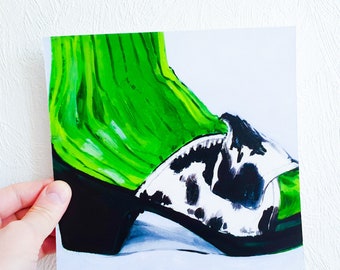 Green shoe fashion print on paper, vibrant green print, open-toe shoe