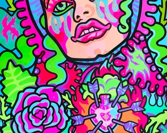 Portrait of the Virgin Mary with a fiery heart and arrows, Beautiful rose flowers, Aesthetic interior painting, Pop Art, Colorful art