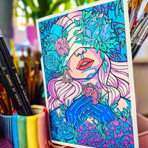 Fiori e ragazza: stampa d'arte delicata e delicata di qualità museale, estetica, poster, giclée, opera d'arte, poster, riproduzione, contemporanea