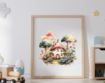 Sugarplum Toadstool Mushroom House Illustration / Children's Room Decor / Cute & Whimsical Forest Design / Nursery Wall Art / Mushrooms