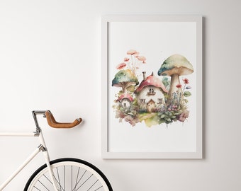 Arte de acuarela de escondite de hadas encantador / Ilustración de bosque lindo / Decoración de hogar caprichosa / Arte de pared mágico / Arte de la naturaleza