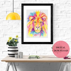 Lion Wall Art, Printable Art, Watercolor Animals, Children&#39;s Wall Art, Safari Animal Wall Art, Digital Download, Nursery Wall Art, Gifts