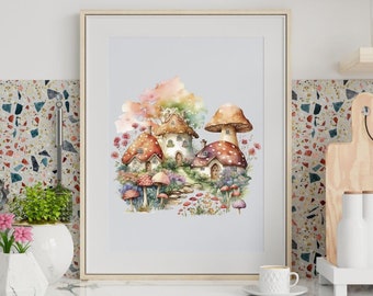 Magical Mushroom Kingdom House Wall Decor / Colorful Forest Illustration / Whimsical Home Art / Fantasy Nursery Artwork / Naturaleza Acuarela