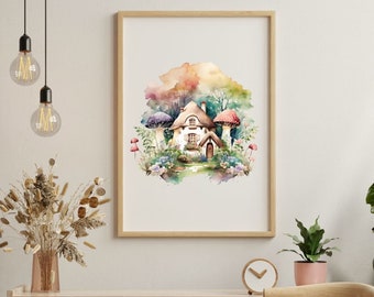 Enchanted Toadstool Cottage Illustration / Forest Watercolor Art / Cute Whimsical Design / Magical Wall Decor / Mushroom Artwork