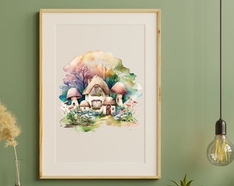 Giggling Gnome Grotto Acuarela Arte / Ilustración de bosque lindo / Decoración casera caprichosa / Arte de pared mágico / Arte de naturaleza de fantasía