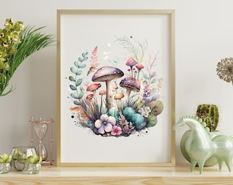 Fungi Fantasia Watercolor Illustration Digital Download, Forest Wall Art, Botanical Print, Whimsical Art, Nature-Inspired,  Cottage Core
