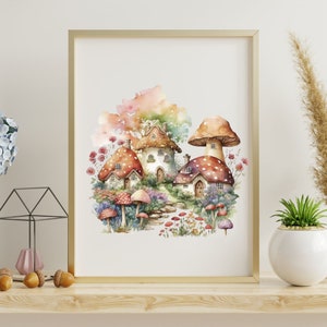 May include: Watercolor painting of a whimsical mushroom village with houses and trees. The houses have red and white mushroom caps for roofs and are surrounded by flowers and greenery.