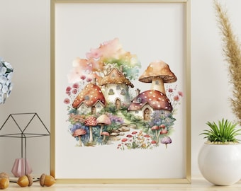 Pixie Hollow Hideaway Mushroom House Illustration Digital Download, Wall Decor, Cute & Whimsical Forest Design, Nursery Wall Art, Mushrooms