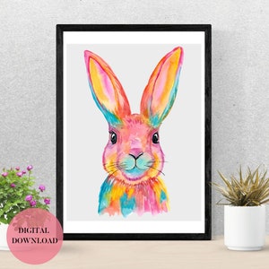 Rabbit Wall Art, Printable Wall Art, Watercolor Animals, Children’s Wall Art, Digital Download, Animal Prints, Printable Art, Bunny Art