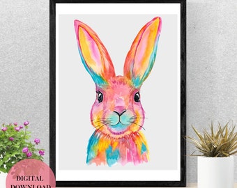 Rabbit Wall Art, Printable Wall Art, Watercolor Animals, Children’s Wall Art, Digital Download, Animal Prints, Printable Art, Bunny Art