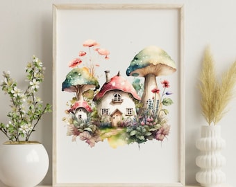 Twinkling Toadstool Retreat Mushroom Art | Nature Watercolor Illustration | Whimsical Forest Design | Magical Home Decor | Fantasy Artwork