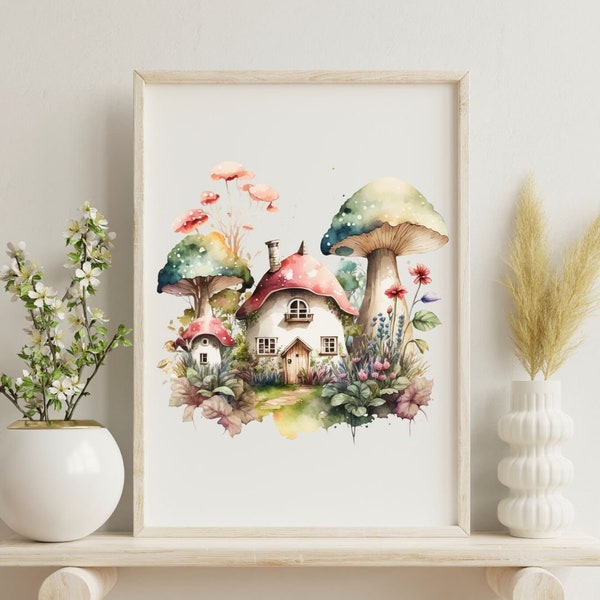 Twinkling Toadstool Retreat Mushroom Art | Nature Watercolor Illustration | Whimsical Forest Design | Magical Home Decor | Fantasy Artwork