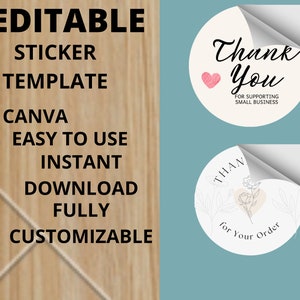 Puede incluir: Plantilla de pegatina editable para Canva. La plantilla incluye dos pegatinas redondas con fondo blanco y texto negro. La primera pegatina dice "Gracias" con un corazón rosa y el texto "Por apoyar a las pequeñas empresas". La segunda pegatina dice "Gracias" con un diseño floral y el texto "Por tu pedido".