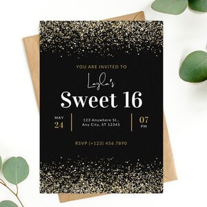 Editable Sweet Sixteen Birthday Invitation Template | Digital Download | Birthday Invitation| Printable invitation | Black & Gold | Party