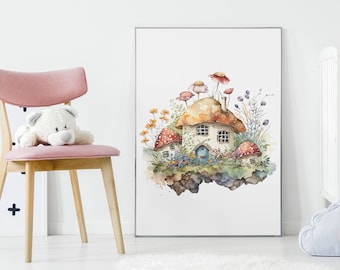 Fairy Ring Retreat Mushroom House Illustration / Wall Decor / Cute & Whimsical Forest Design / Nursery Wall Art / Mushroom Art / Wall Art