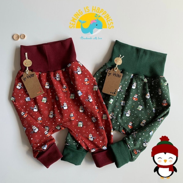 Pinguine Weihnachten Pumphose | unisex | rot und grün für Baby Jungen Mädchen | Baumwolljersey | ab Gr. 50 bis Gr. 104 mit Bündchen