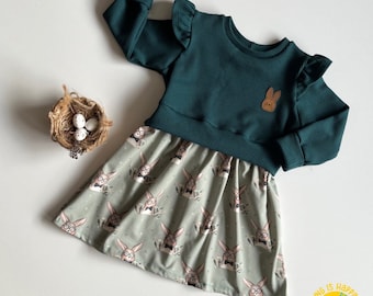 Girly Sweater für Mädchen mit Hasen in grün | Sweater mit Schößchen | ab Gr. 74 bis Gr. 128