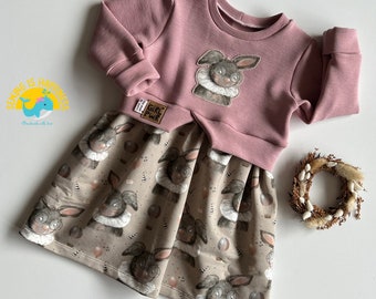 Kleid für Baby Mädchen in Rosa | Girly Sweater für Mädchen mit Hasen für Ostern | Sweater mit Schößchen | ab Gr. 74 bis Gr. 128