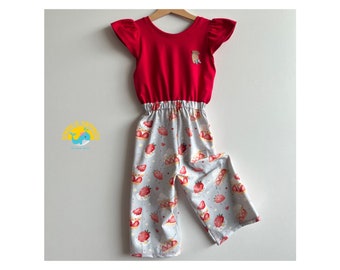 Strawberry jumpsuit girls baby for the summer made of cotton jersey with faux leather appliqué from size 74 to size 140