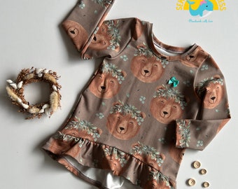 Langarm Shirt mit Rüschen für Baby Mädchen mit Blumen und Bären | Cutie Shirt aus Baumwolljersey in Braun | ab Gr. 80 bis Gr. 122