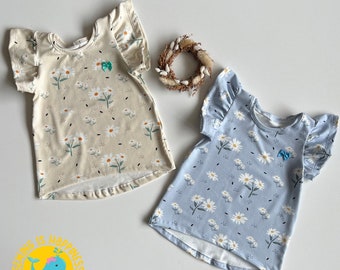 Blumen Shirt mit Rüschen für Baby Mädchen | Cutie Shirt aus BioBaumwolljersey in Braun | ab Gr. 80 bis Gr. 122