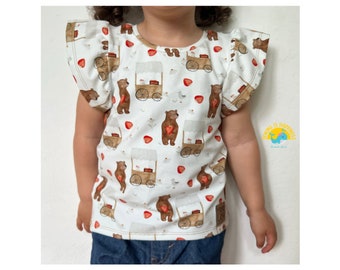 Cutie Shirt Baby Mädchen Erdbeeren und Bär mit Rüschenärmeln Baumwolljersey | Sommer Shirt Baby Mädchen Gr. 80 bis Gr. 128 mit Applikation