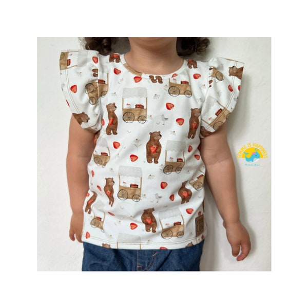 Cutie Shirt Baby Mädchen Erdbeeren und Bär mit Rüschenärmeln Baumwolljersey | Sommer Shirt Baby Mädchen Gr. 80 bis Gr. 128 mit Applikation