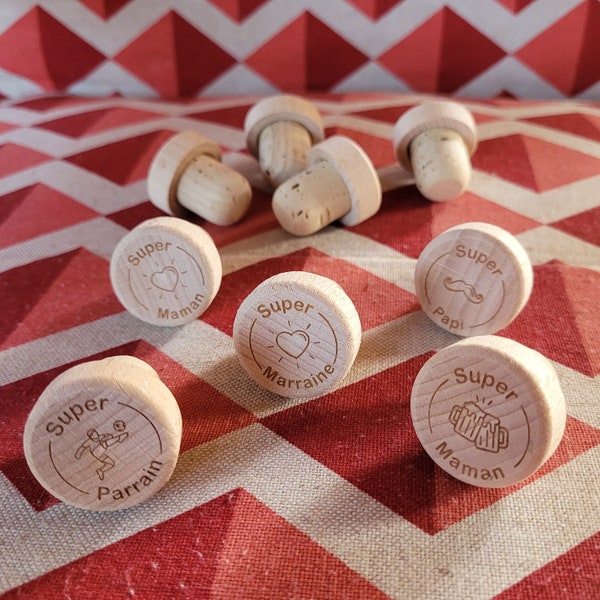 Personalized wine stopper in wood and engraved cork, individually or in batches - Wedding, baptism, birthday guest gift - Dad, Mom, Grandma