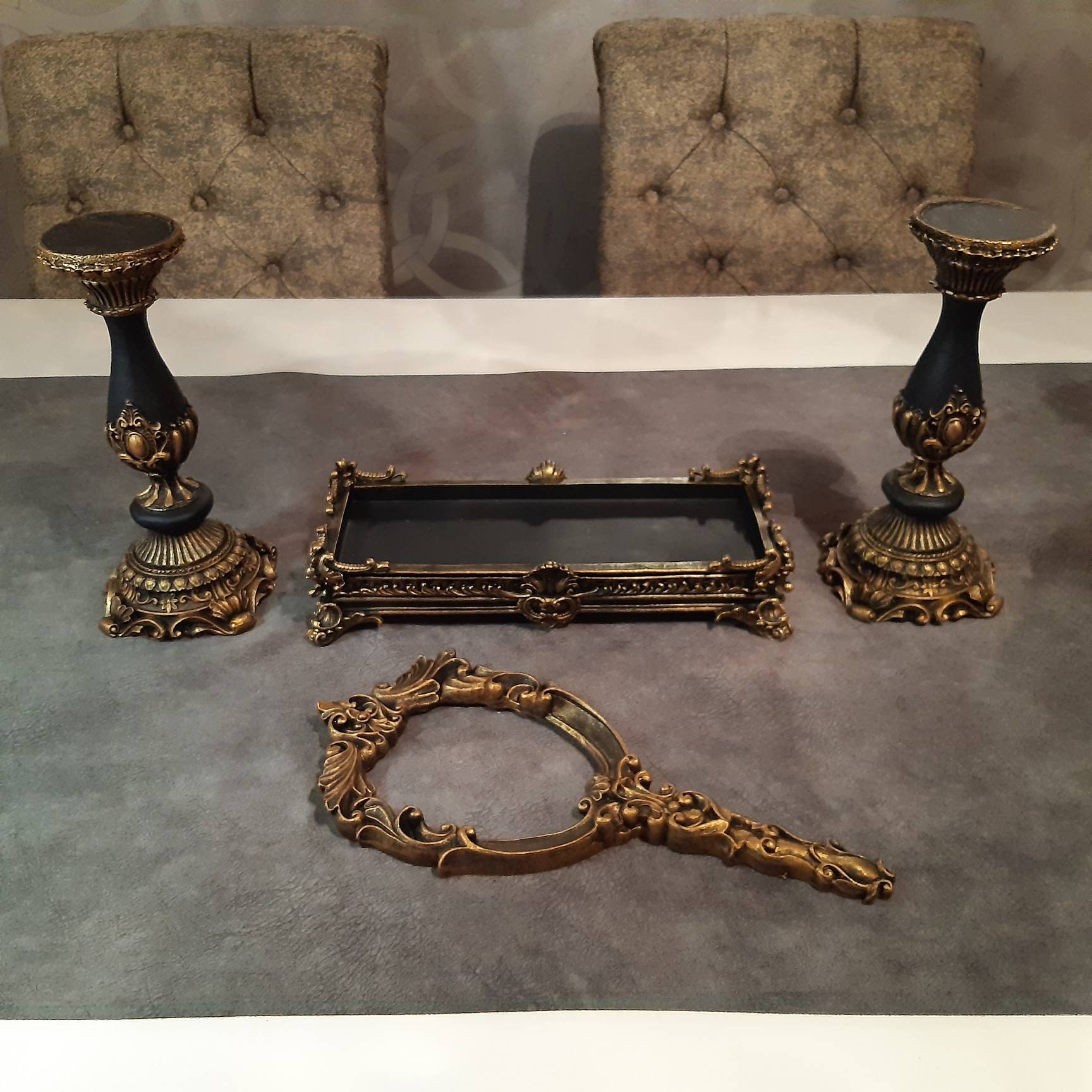 Ophelia Victorian Gothic Vanity Set In Black&Gold Etsy