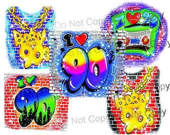 90's airbrush sublimation throwback designs. 5 designs. PNG