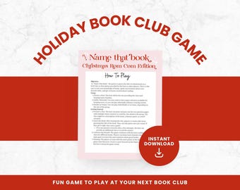 May include: A pink and white printable game card with the title "Name that book, Christmas Rom Com Edition". The card includes instructions on how to play the game. The card has a red download button with a white arrow.