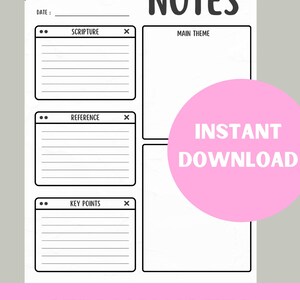 May include: Printable sermon notes template with sections for scripture, reference, key points, and main theme. The template has a floral design and the text "SERMON NOTES" appears at the top and bottom of the page.