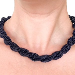 vintage 22&quot; twisted black beaded rope necklace / vintage black beaded necklace / black statement necklace