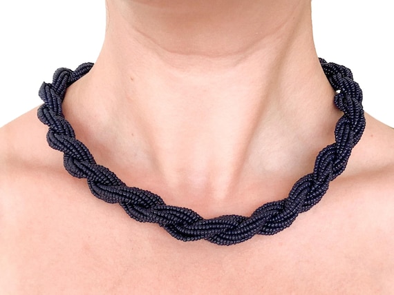Vintage 22" Twisted Black Beaded Necklace, Statement Rope