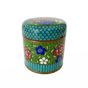 vintage blue and green enamel cloisonne copper jar / floral cloisonne canister / vintage cloisonne jar with lid / enamel copper container