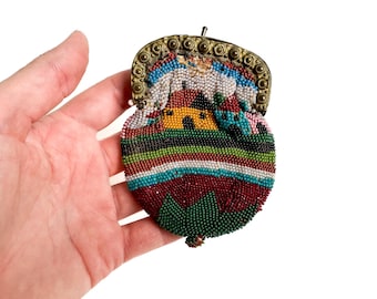 Antique Beaded Coin Purse with Folk Art Illustration (Needs Repair)