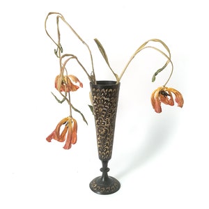 etched black brass floral vase / made in India / artisan made vase / decorative vase / metal vase / black and metallic vase / brass vase