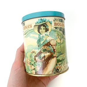 vintage european &quot;Athena&#39;s Bologna&quot; tin / metal tin / decorative tin box with lid / floral tin / pastel tin / floral container