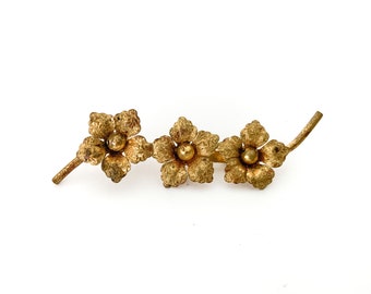 vintage gold tone three flower brooch / long floral brooch / art nouveau brooch / flower jewelry / gilded flower / gold brooch