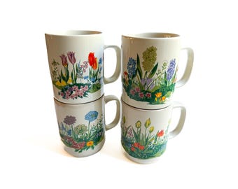 Vintage Ceramic Floral Mugs, Set of 4 Wildflower Garden Tea Cups