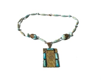 antique Czech brass and turquoise glass bead statement necklace with cut stones / antique turquoise necklace / vintage brass necklace