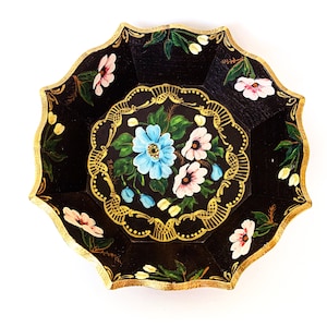 vintage wooden black octagon bowl with bright hand painted flower pattern and gold detail / Tole painting / floral fruit bowl / key bowl