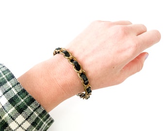 Vintage Brass Chain Link Bangle Bracelet with Black Woven Detail