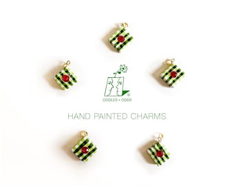 Hand Painted Green + White Gingham Square Charms with Pink Vintage Rhinestones - Handmade Charm Supply