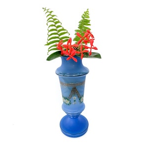 vintage opaline blue frosted glass vase with hand painted flowers / 10&quot; vintage blue opaline vase / hand painted vase / frosted blue vase
