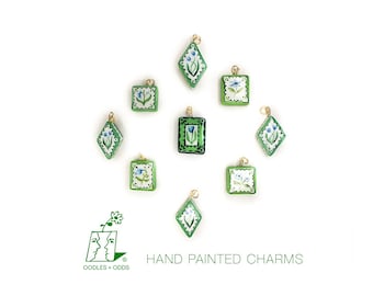 Hand Painted Charms - Light Green Floral Charms, Handmade Charm Pendants